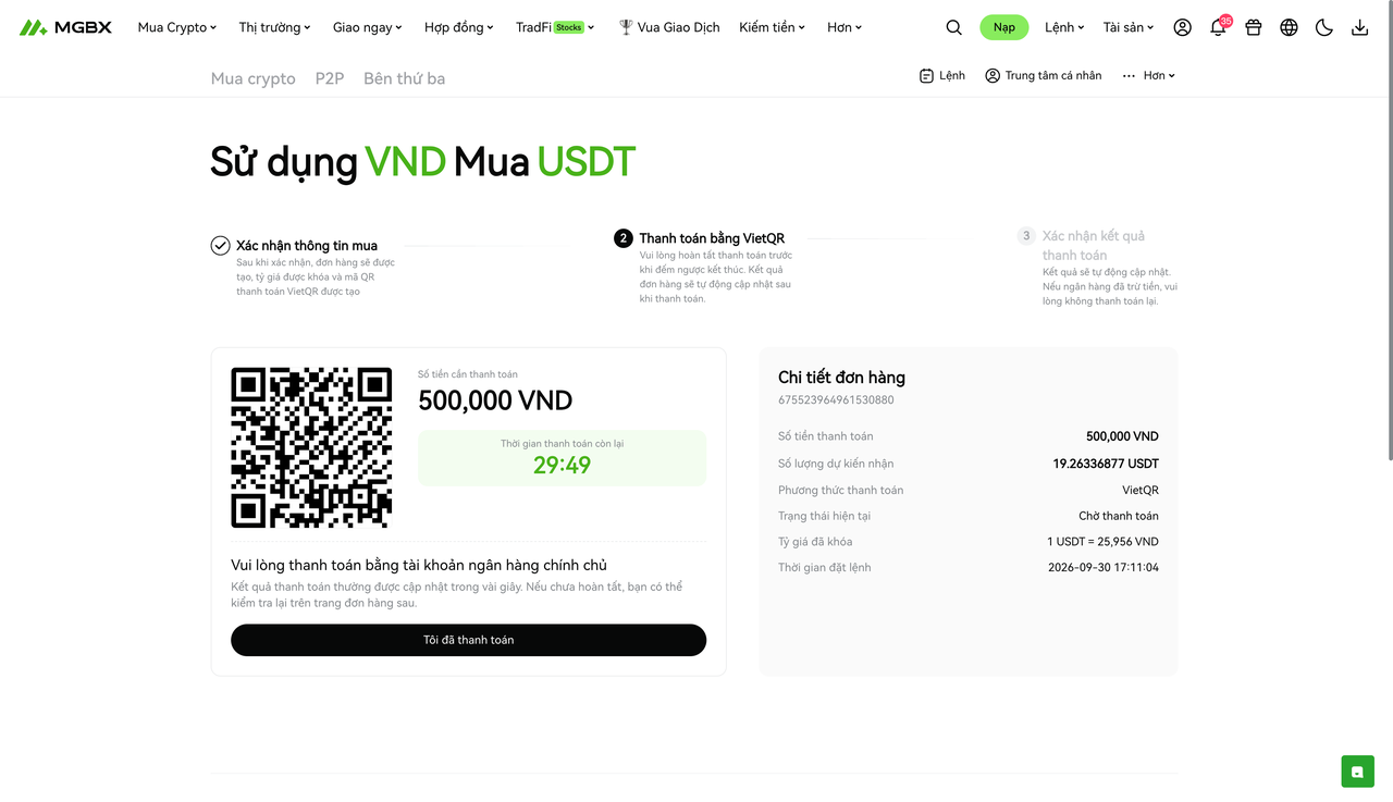 [Cập nhật sản phẩm] MGBX VND VietQR Mua Crypto Tức Thì Đã Hoạt Động