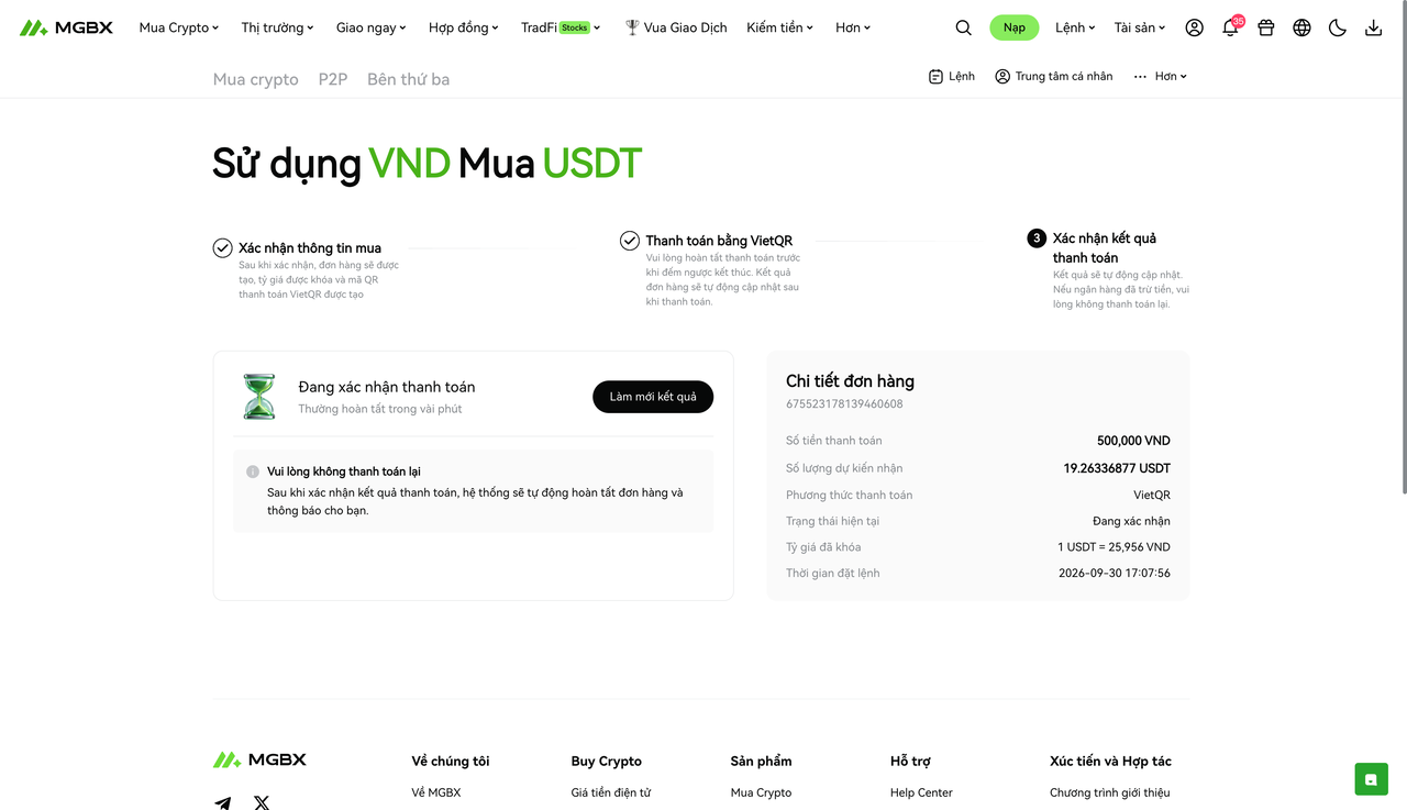 [Cập nhật sản phẩm] MGBX VND VietQR Mua Crypto Tức Thì Đã Hoạt Động