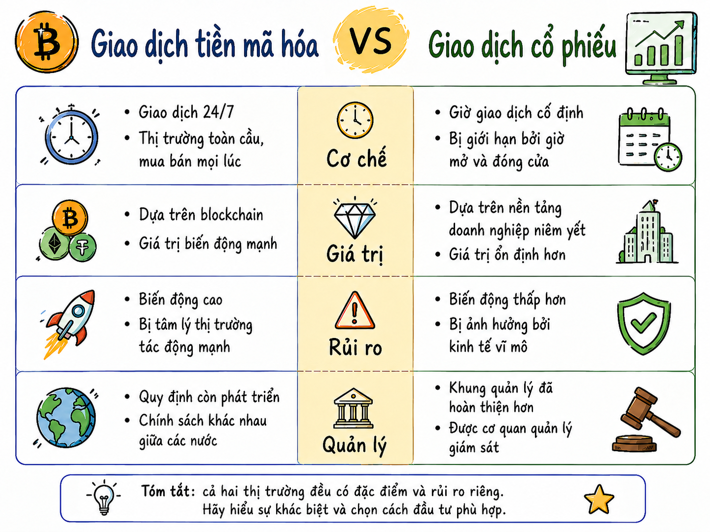 Giao dịch tiền mã hóa so với giao dịch chứng khoán: Những khác biệt chính giữa hai thị trường - Crypto